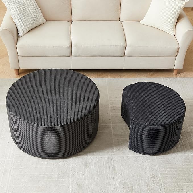 kevinplus 49.7'' Foam Round Nesting Coffee Table Set of 2, Modern Upholstered Side End Table Ottoman Footrest, No Assembly, Black