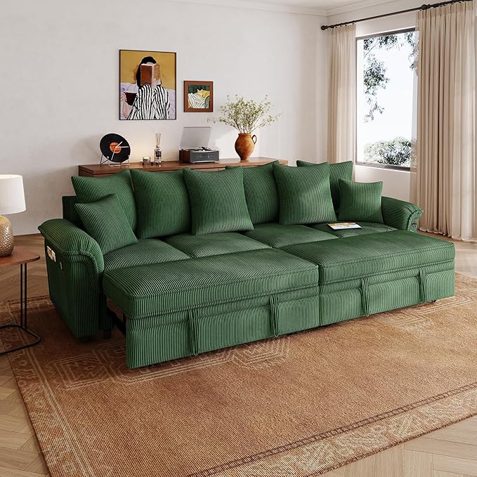 LINSY HOME Oversized Sectional Sleeper Sofa with Pull Out Couch Bed (Green, 110.5'') | USB Charging, Pillow-style Armrest, Multiple Cushions, Modular Sofa, Corduroy Fabric