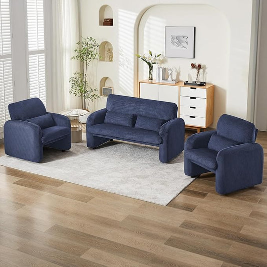 Corduroy Accent Living Room Sets, Comfy Upholstered Loveseat Sofa with 2 Accent Chairs, Morden Couch Sets for Living Room, Bedroom, Office, Blue
