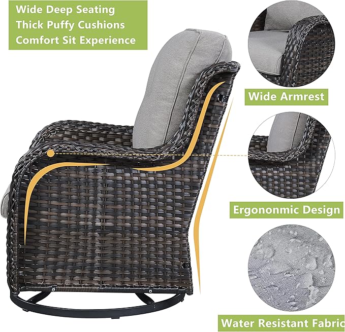 Rilyson Wicker Patio Furniture Set - 5 Piece Rattan Outdoor Sectional Conversation Sets with 2 Rocking Swivel Chairs,2 Ottomans and 1 Loveseat for Porch Deck Garden(Brown/Grey)