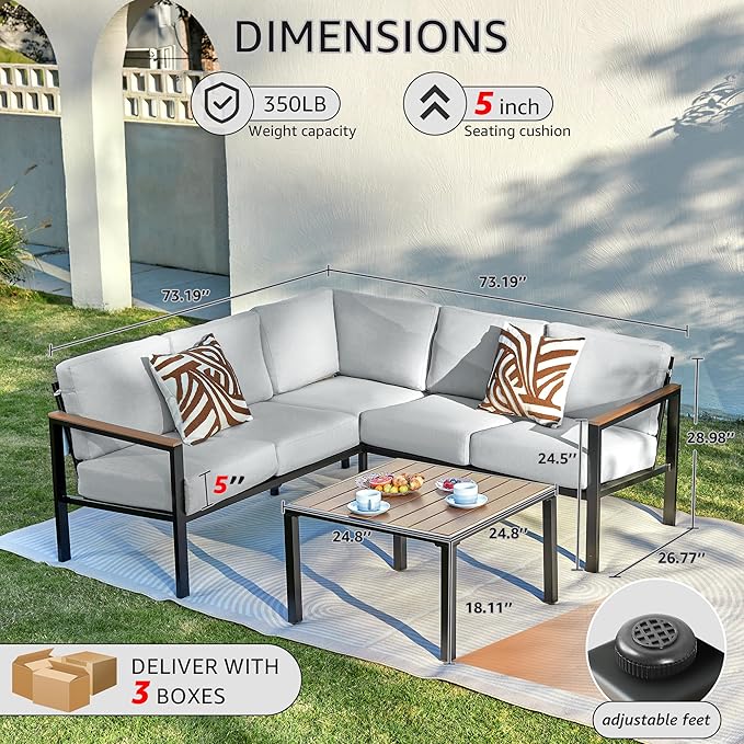 NATURAL EXPRESSIONS 6 Pieces Patio Furniture Set, Outdoor Couch with Thick Olefin Cushions, Fauxwood Armrest and Tabletop, Ergonomic Design Highback, Outdoor Sectional for Backyard, Deck (Grey)