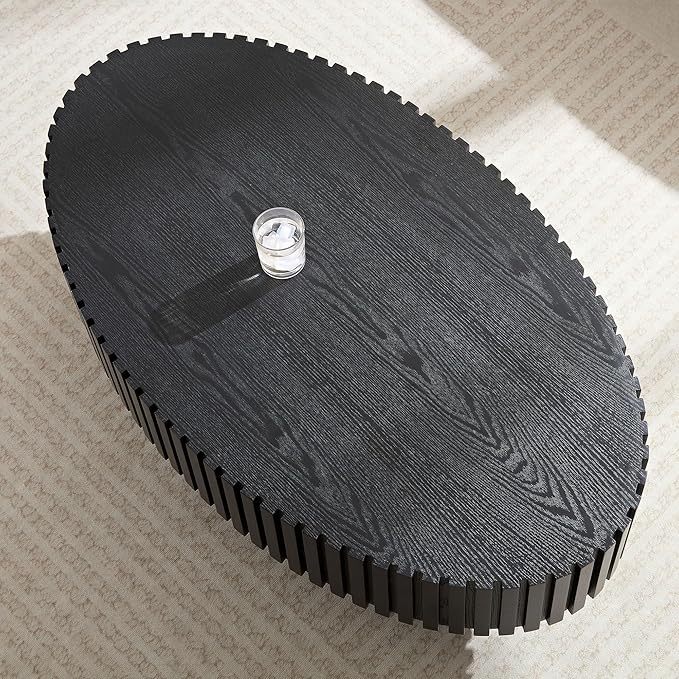 Oval Coffee Table for Living Room Pedestal Fluted Coffee Table Modern Handcrafted Centre Table for Apartment, Easy Assembly 43.7", Black