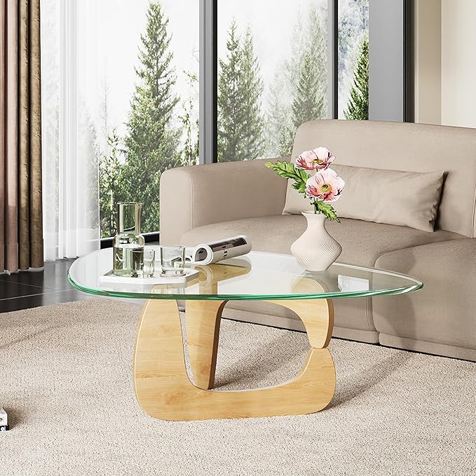 WLIVE Coffee Table, Small Glass Coffee Table with Solid Wood Legs, 36" Mid Century Triangle Living Room Tables, Modern Center Table for Living Room, Reception, Office, Natural