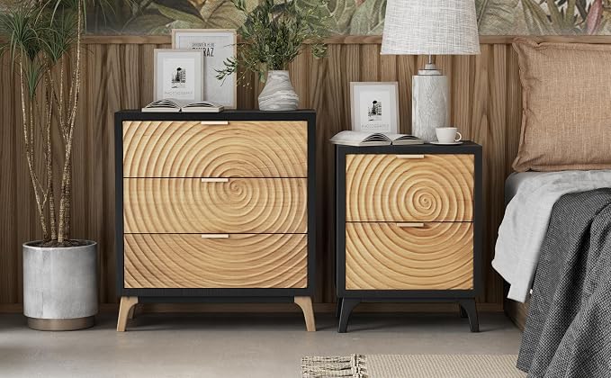 COZAYH 2-Drawer Farmhouse Nightstand with Handcrafted Wood Ring Motif, Black Nightstand for Bedroom, Fully-Assembled, Morden Rustic - Image 7