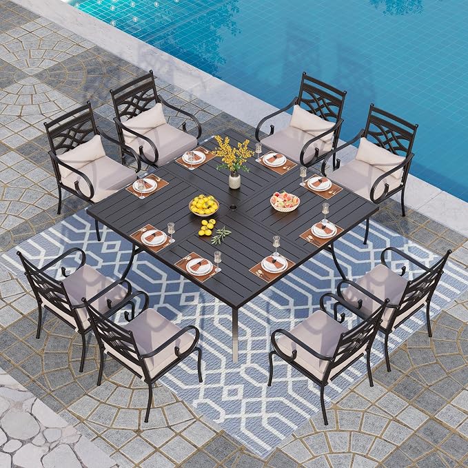 PHI VILLA 9 Pieces Outdoor Dining Set for 8, 60" Square Black Metal Table with Umbrella Hole & Wrought Iron Chairs, Large All Weather Outside Furniture with Cushions & Pillows for Patio, Porch, Deck by PHIVILLA