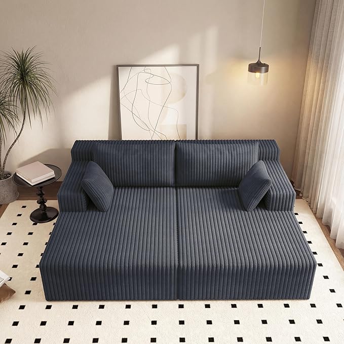 71-Inch Fluffy Corduroy Boneless Sleeper Daybed Loveseat Double Recliner Chaise Lounge Sofa Couches, Floor Cloud Sofa Chaise W/4 Pillows for Home Apartment Living Room