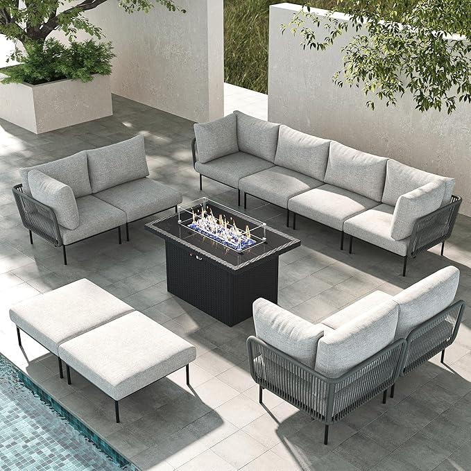 LayinSun 11 Pieces Aluminum Patio Furniture Set, Modern Modular Sectional Sofa with Fire Pit Table and Upgrade Thickness Cushion