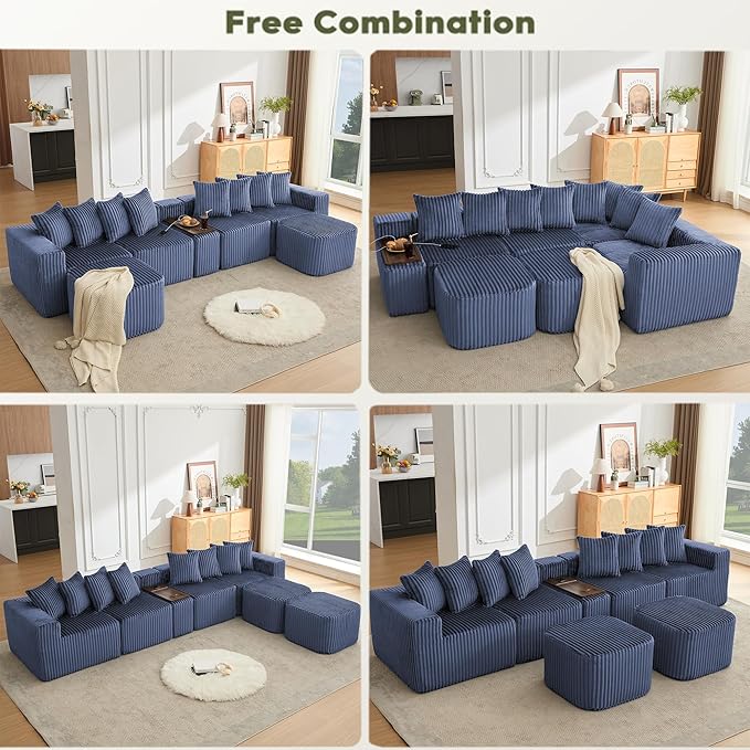 Oversized Cloud Modular Sectional Sofa Boneless Couch with Movable Ottomans,Free Combination Memory Foam Floor Couch with Charging Port & Cup Holders for Living Room | Coffee Table Board, Wireless Charge, No Assembly