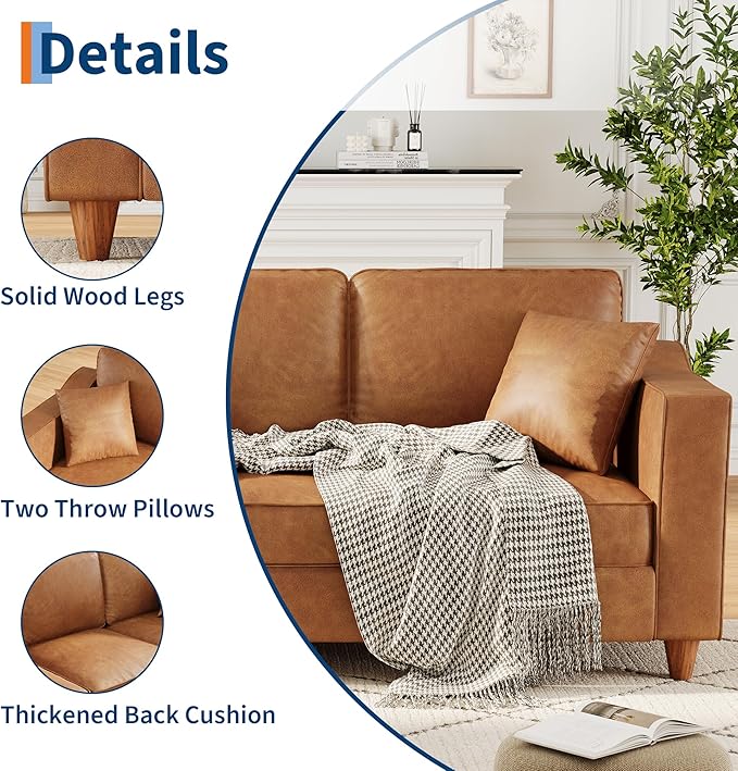 GarveeHome 3-Seater Sofa Couch with 2 Throw Pillows, 85 Inches Faux Leather Couch with Wide Armrests, Deep Seats, Wood Legs, Back Cushion, Sturdy Support Feet, Couches for Living Room, Office, Brown