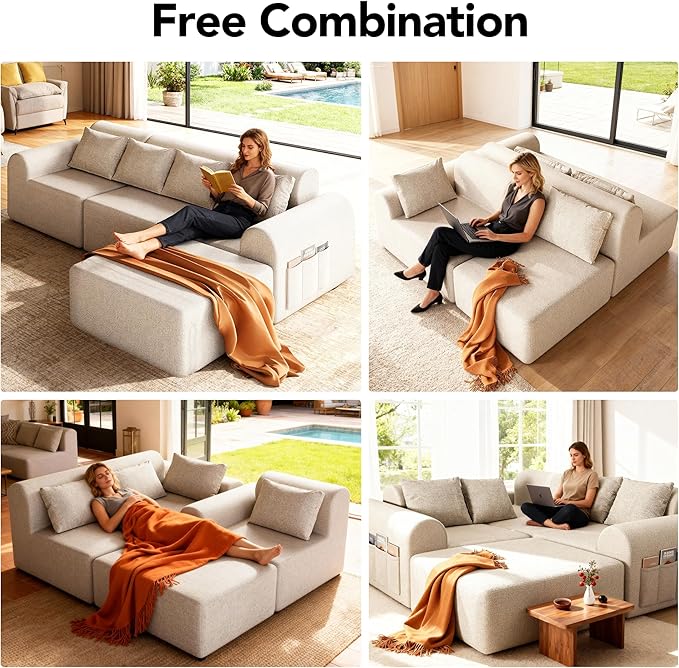 105.5” Cloud Modular Sectional Sofa, No Assembly Deep Seat L-Shaped Chenille Couch with Ottoman & 4 Pillows, 4-Seater for Living Room, Beige