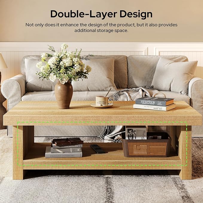 47-Inch Rectangle Coffee Table, Wood Rectangular Center Tables, Farmhouse Low Cocktail Tea Table for Living Room, Thick Base/Easy Assembly, Natural