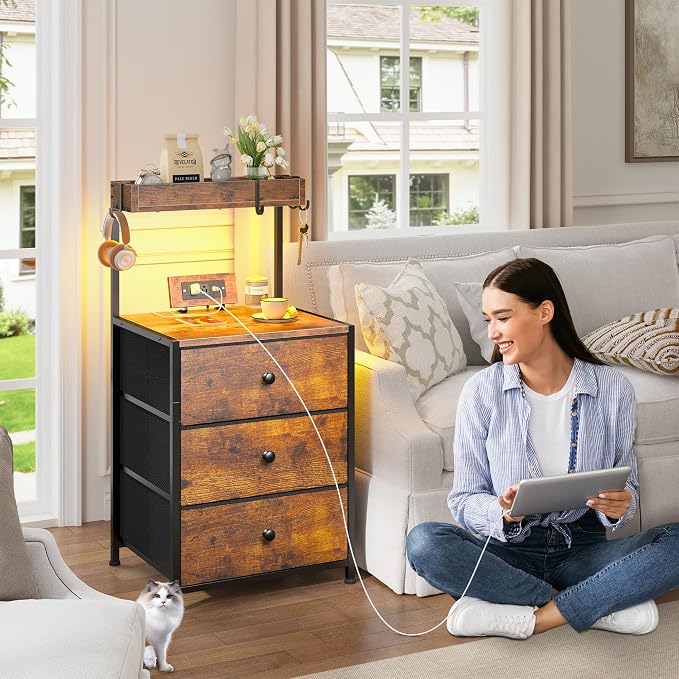 EnHomee Nightstand with Charging Station & LED Lights, Nightstand with 3 Fabric Drawers, Bedside Table for Bedroom, Entryway, Hallway, Closet, 4 Hooks, 1 top Shelf, Rustic Brown - Image 8