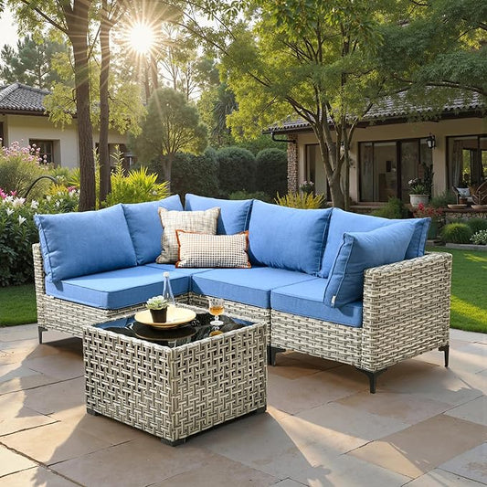 5 Piece Outdoor Patio Furniture with Glowing Coffee Table, Rattan Wicker Conversation Set with Sofa, Sectional Single Chairs for Outside Porch Balcony Backyard Pool,Light Blue