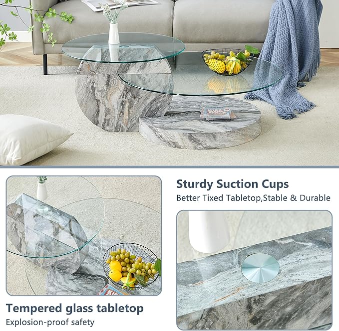 42" Glass Coffee Table, Round Coffee Table, 2-Tier Tempered Glass Tabletop with Grey Faux Marble Base, Modern Center Table for Living Room, Home, Apartment, Ideal for Small Space