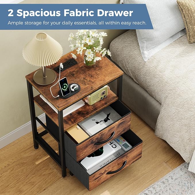 OLIXIS Nightstand with Charging Station, Bedside Table with USB Ports & Type-C, 2 Fabric Drawers Night Stand with Open Shelf, Compact End Table for Bedroom, Rustic Brown - Image 5