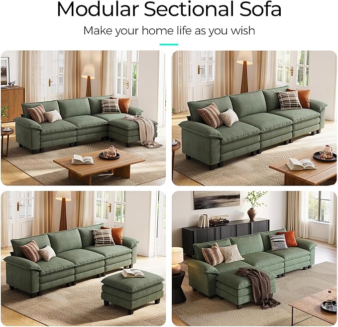 LINSY HOME 123'' Modular Sectional Sofa Green Couch Corduroy Cloud Couches for Living Room, L Shaped Couch with Movable Ottoman, Modern Cloud Sectional Sofas for Bedroom and Apartment, Green