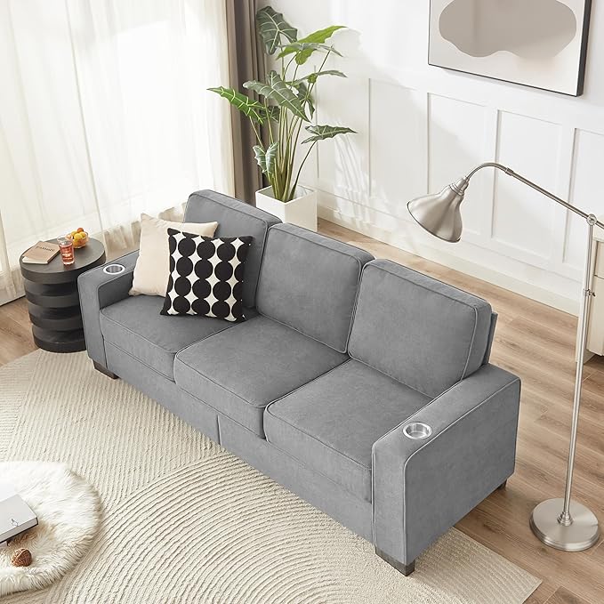 83" Modern Cloud Sofas for Living Room Bedroom, 3 Seat Modular Couch Soft Corduroy Upholstered Loveseat Couches with Cupholders for Home Apartment Office Studio