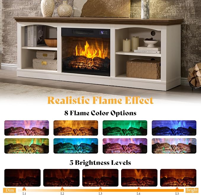 AMERLIFE 70" Farmhouse Fireplace TV Stand for TVs up to 80", Entertainment Center with 23" Fireplace, Open Shelves, One-Box Delivery, Media Console Table for Living Room, Distressed White - Image 3