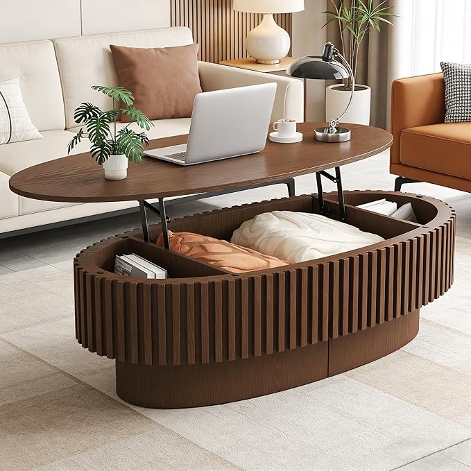 Oval Lift Top Coffee Table with Storage, Mid Century Modern Center Table with Hidden Compartment for Living Room, Lift Tabletop Fluted Wood Dining Table for Home Office - Walnut