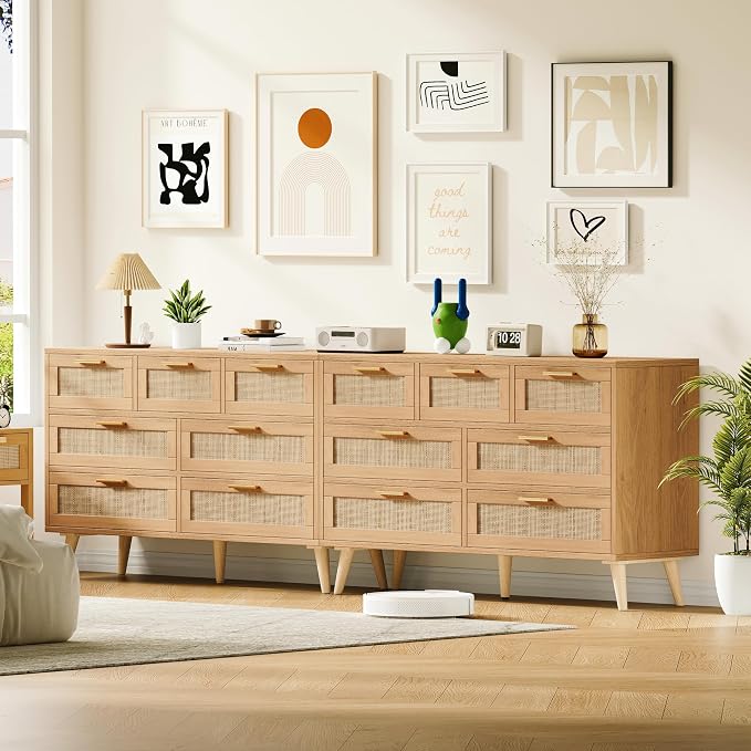 Rovaurx 7 Drawer Double Dresser for Bedroom, Rattan Chest of Dressers, Modern Wooden Dresser Chest with Golden Handles, Beside Table for Closet, Living Room and Entryway, Natural RDG004M - Image 6