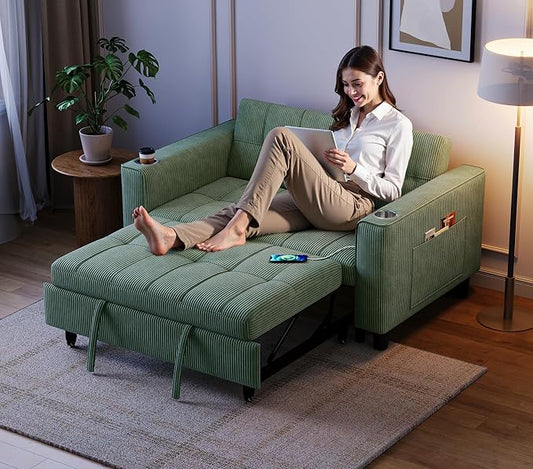 LINSY 54" Pull Out Couch with Charging Station - Sleeper Sofa Bed with Cup Holder, Small 3 in 1 Convertible Loveseat Sleeper Couch for Apartment, Dorm Room, Bedroom and Small Space, Olive Green
