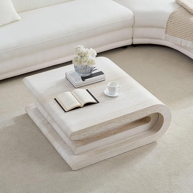 Square Coffee Table 33.86" Faux Marble Pattern Wood Center Table with Layered Base for Living Romm Apartment, No Need Assembly