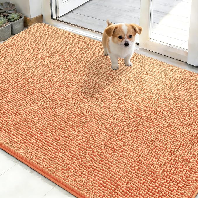 OLANLY Dog Door Mat for Muddy Paws 48x30, Absorbs Moisture and Dirt, Absorbent Non-Slip Washable Doormat, Quick Dry Chenille Mud Mat for Dogs, Entry Indoor Entryway Carpet for Inside Floor, Orange by OLANLY