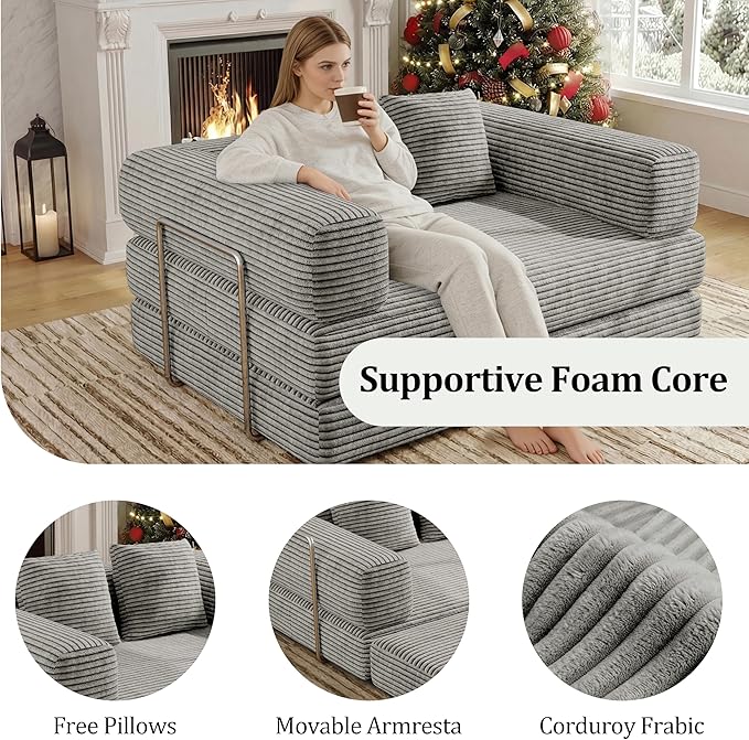 4 in 1 Futon Sofa Bed Queen Size - Foldable Convertible Sleeper Sofa Couch with L-Shaped Support, Removable Washable Floor Space Saving for Bedroom & Dorm (Light Gray, 53.15" Double Sofa)