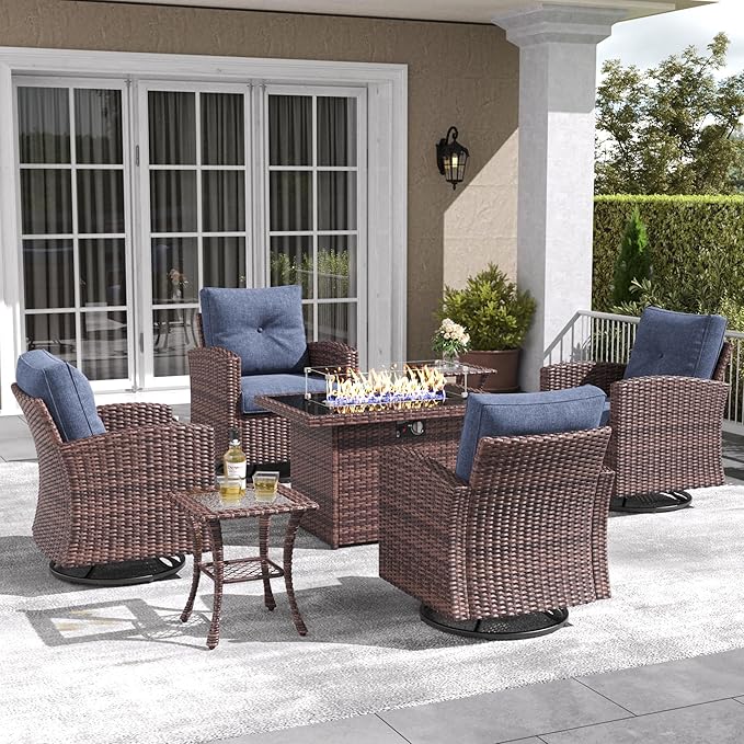 LayinSun 7 Pieces Patio Furniture Set with Swivel Chairs, Rattan Wicker Rocking Glide Chairs with 44" Propane Gas Fire Pit Table Conversation Set