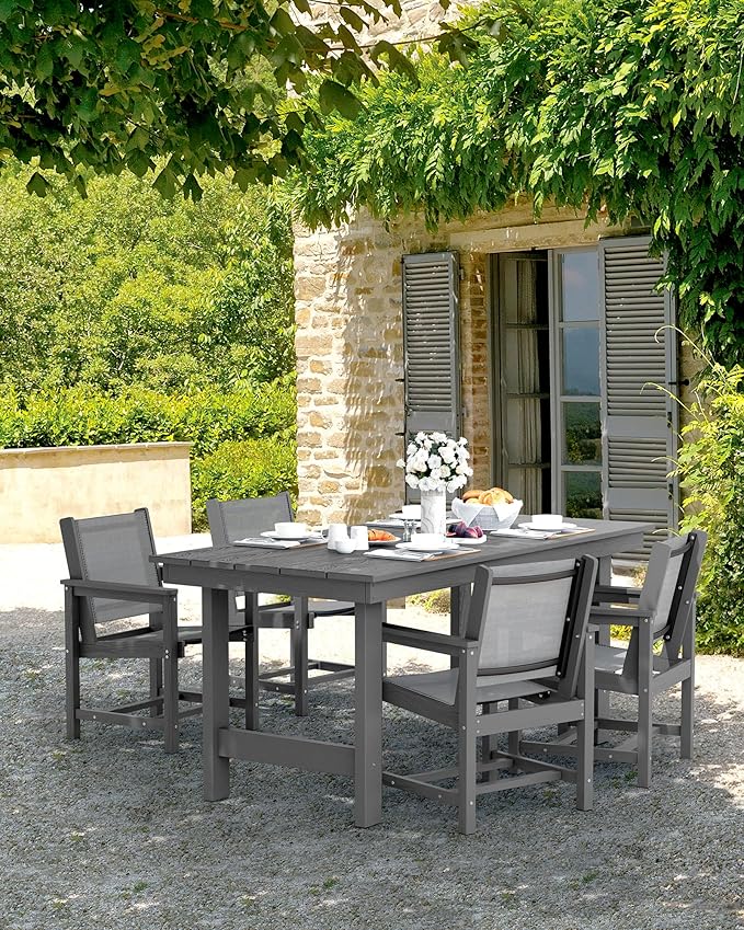 SERWALL 5 Piece Patio Dining Sets, Outdoor HDPE Dining Furniture Set with Umbrella Hole Cut-Out Table and 4 Woven Chairs, Gray - Image 7