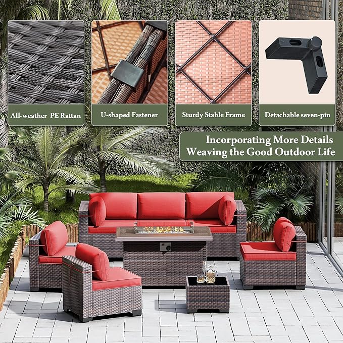 8 Pieces Outdoor Patio Furniture Set,Outdoor Sectional Furniture with 43" 55000 BTU Gas Propane Fire Pit Table,All Weather PE Rattan Wicker Patio Conversation Set,Red