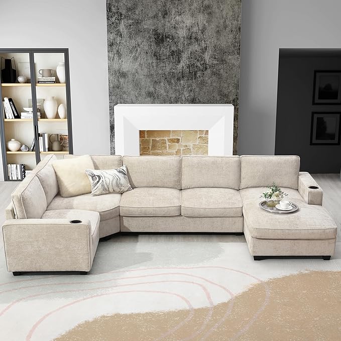 Merax Modern Oversized U-Shaped Sectional Sofa with Cup Holders & Chaise Lounge, Chenille 6-Seat Couch Set Sleeper Bed with Deep Seat Beige