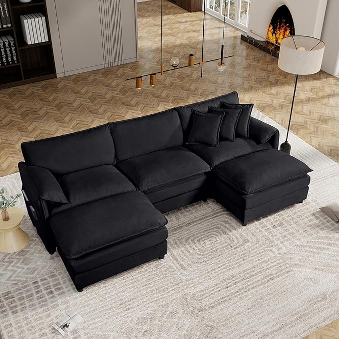 109-Inch U-Shaped Sectional Cloud Sofa Oversized Modular 5 Seaters Sofa Couch with 2 Ottoman Chaise and Pillow Armrest, Chenille Upholstered Convertible Cloud Couch