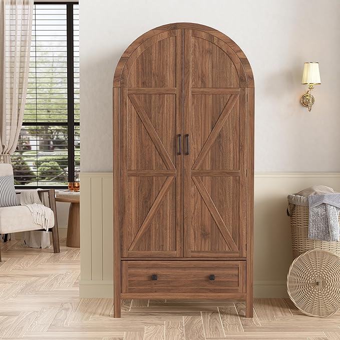 PAKASEPT Armoire Wardrobe Closet with Drawers and 2 Arched Fluted Doors, 70.9‘’ Tall Wooden Bedroom Armoires with LED Light & Shelves and Hanging Rod(Brown)
