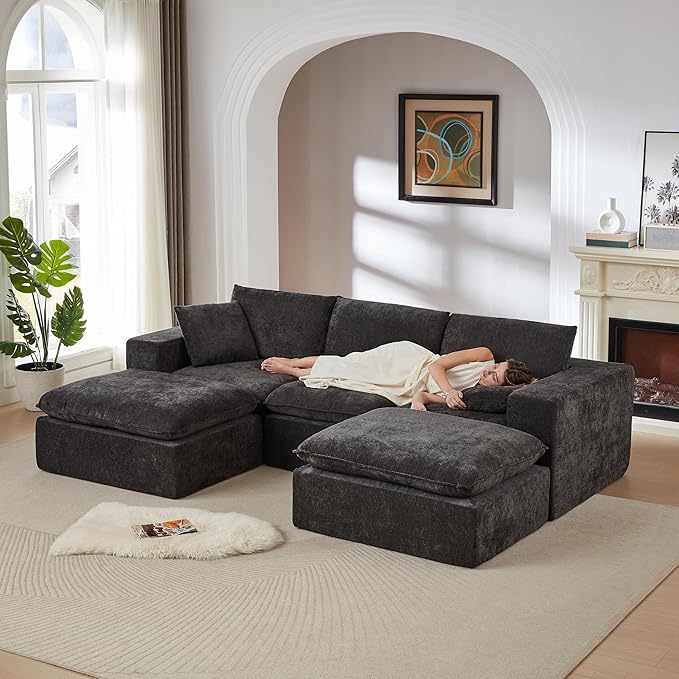 Cloud Modular Sectional Couches Boneless Sofa for Living Room, Oversized U Shaped Floor Couch with Movable Ottomans, Memory Foam Compressed 4 Seater Sofa for Bedroom Apartment | Plush, Wider Armrest, Free Combination