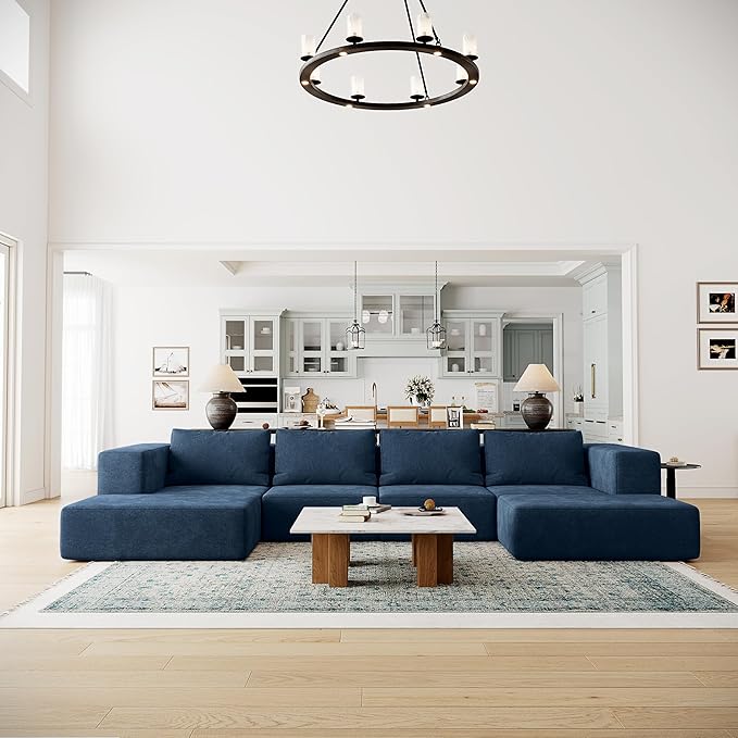 Acanva Oversized Modular Sectional Sofa with Removable Washable Slipcovers, Modern Low Profile Deep Seat Couch for Living Room, Chenille-Royal Blue, 4 Armless Chairs & 4 Armrests/Ottomans
