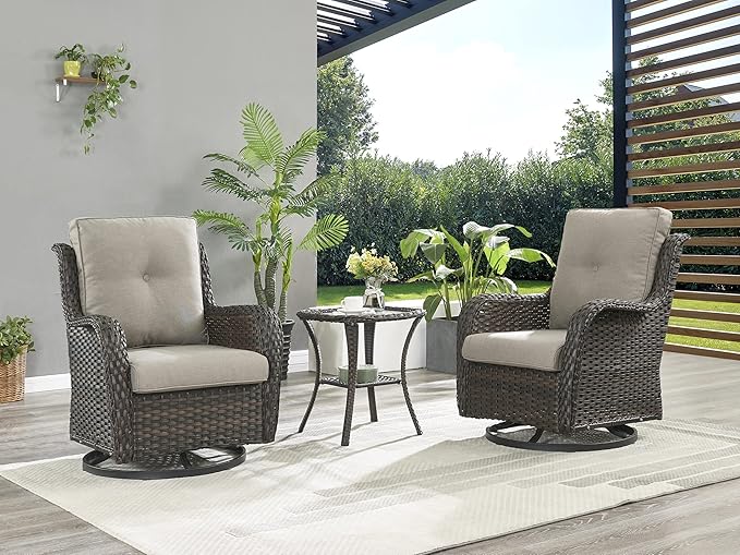 Rilyson Wicker Rocking Chair Swivel Chairs – 6 Piece Rocker Patio Furniture Set Rattan Rocking Bistro Sets with Glass Top Side Table for Outdoor Porch Deck Garden Backyard(Brown/Grey)