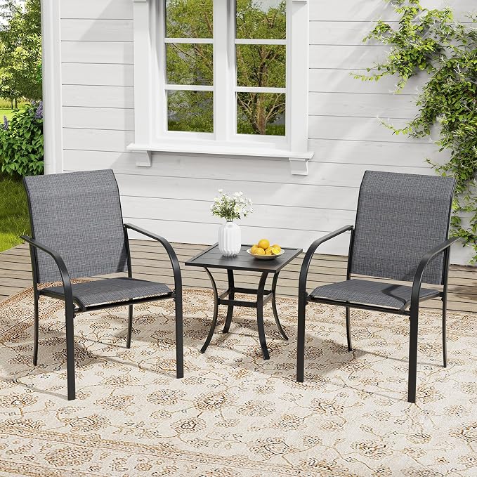 VICLLAX Outdoor Set for 2, Small Patio Table and Chairs Set of Stackable Patio Sling Chairs and Square Dining Table for Front Porch, Dark Grey Fabric and Black Table by HOME