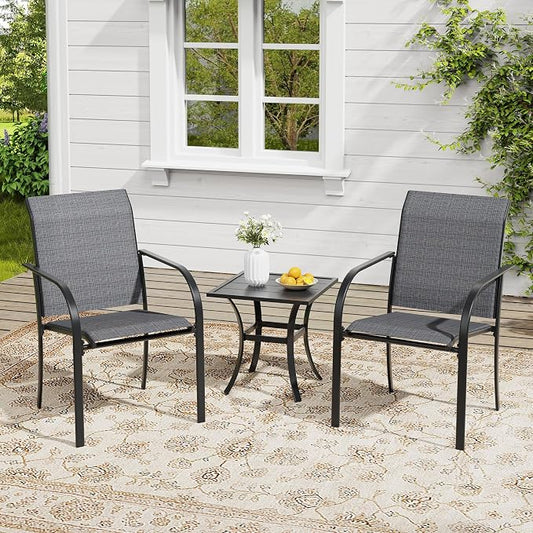VICLLAX Outdoor Set for 2, Small Patio Table and Chairs Set of Stackable Patio Sling Chairs and Square Dining Table for Front Porch, Dark Grey Fabric and Black Table by HOME