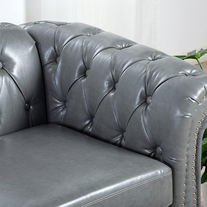 ERYE 84.5-Inch Classic 3 Seat Chesterfield Sofa Couches for Living Room Bedroom, 3 Seaters Button Tufted Faux Leather Upholstered Chesterfield Sofa Couch,Wood Legs | Button Tufted, Easy to Assemble, Nailhead, Removable Cushion