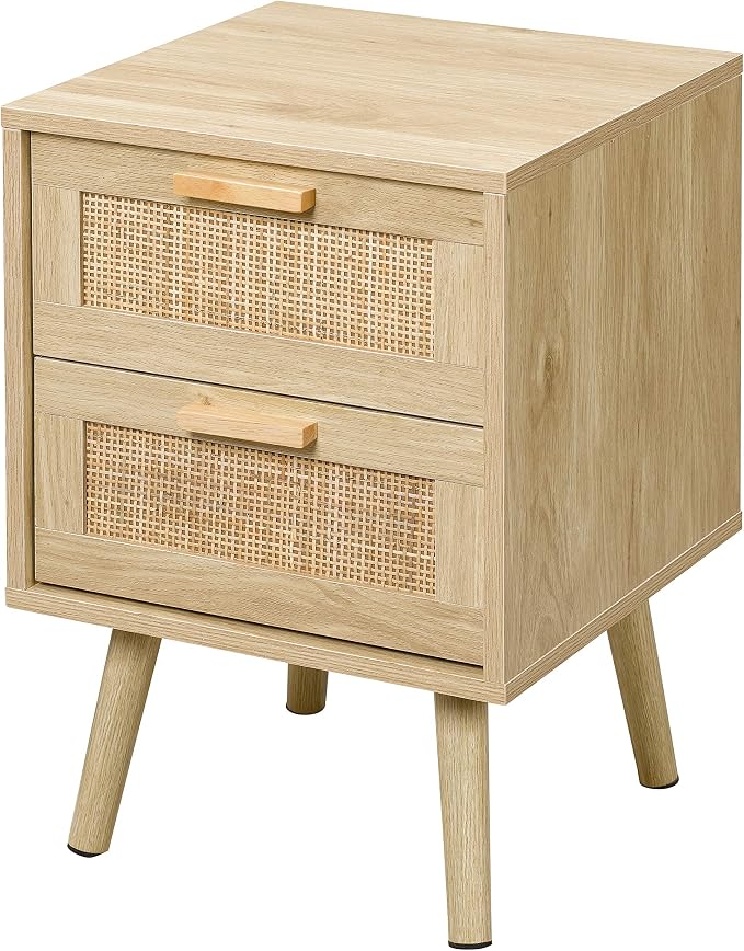 Finnhomy Nightstand, End Table, Side Table with 2 Hand Made Rattan Decorated Drawers, Wood Accent Table with Storage for Bedroom, Natural (Patented) - Image 8