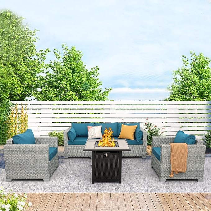 WAROOM Patio Furniture Set 4 Piece Outdoor Wicker Conversation Sets PE Rattan Couch Sectional Sofa with 30" Fire Pit Table, Peacock Blue Cushion