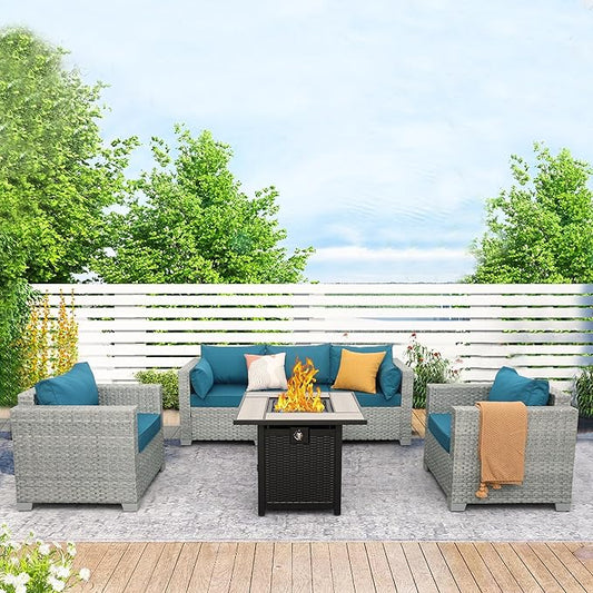 WAROOM Patio Furniture Set 4 Piece Outdoor Wicker Conversation Sets PE Rattan Couch Sectional Sofa with 30" Fire Pit Table, Peacock Blue Cushion