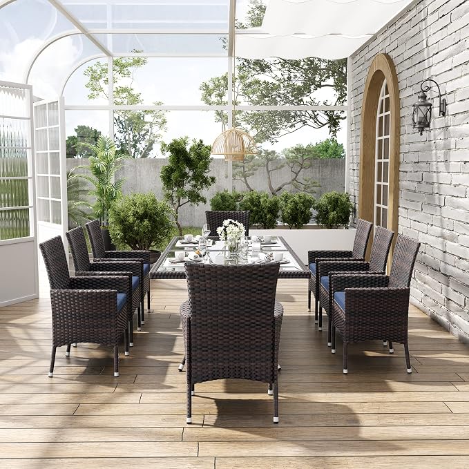 ALAULM 10 Piece Patio Dining Set All-Weather Wicker Outdoor Dining Table and Chairs w/Tempered Glass Tabletop, Removable Cushions and Umbrella Hole for Patio, Backyard, Garden, Poolside -DarkBu - Image 7