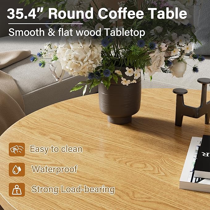 Round Coffee Table, 35.4" Circle Wide Coffee Table, Wood Table and Center Table for Living Room, Natural