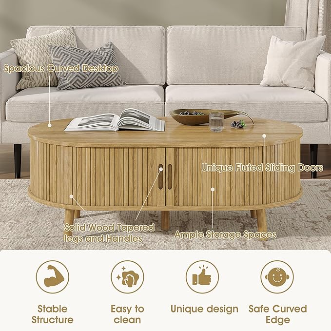 Alohappy Oval Coffee Table, Mid Century Modern Coffee Table with Sliding Tambour Door, Fluted Center Table with Hidden Storage, Curved Profile Dining Table for Living Room, Home Office,Natural Oak