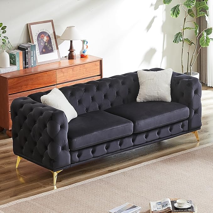 KEIKI 83" Luxury Oversized Velvet Chesterfield Sofa with 2 Pillows, Mid-Century Style 3-Seater Tufted Buttons Couch with High-Density Foam Cushions, Easy Assembly, for Apartment, Living Room, Black