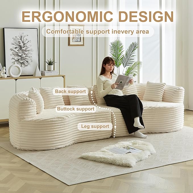 106-Inch Curved Boneless Sofa Couches Compressed 4-Seat Foam Couch for Living Room Bedroom, Boneless Modular Cloud Sofa Curved Floor Couch with 6 Pillows, No Assembly