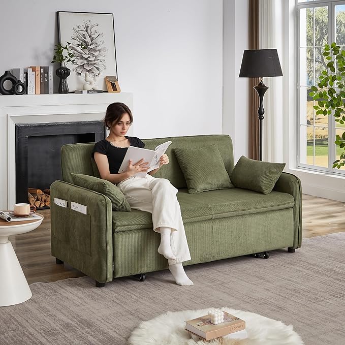 Ball & Cast 66" Convertible Sofa Bed,3-in-1 Corduroy Loveseat Sleeper Pull Out Couch Bed with Pillows and Side Pockets, Deep Seat Comfy Sofa Couches for Living Room,Apartment,Green