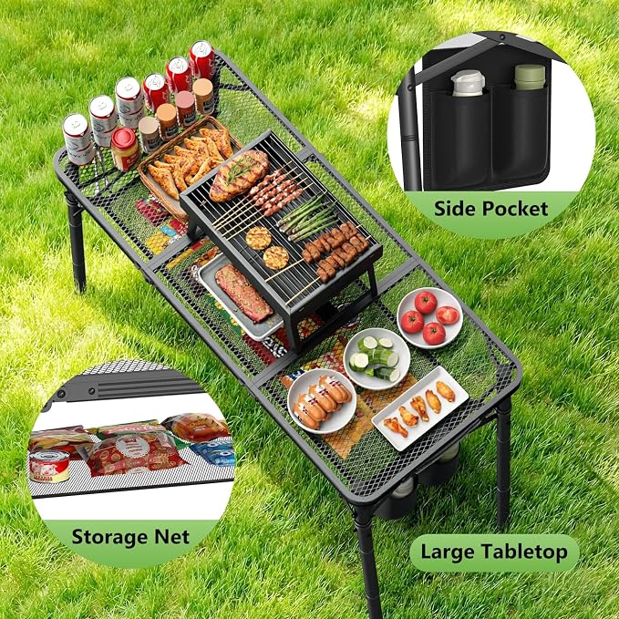 Raynesys Tri-fold Camping Table, 35.43"x15.75", Aluminum Frame Folding Tables, 3 Heights Adjustable Grill Table with Storage Bag, Portable Handle for Picnic Cooking BBQ Camping Outdoor, Black - Image 3
